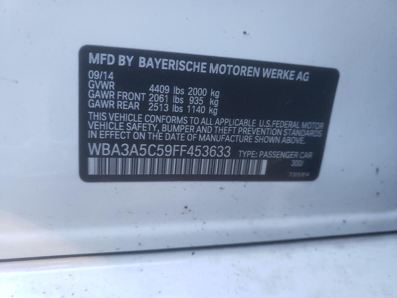 Photo 10 from auction – 2015 BMW 328 I with VIN WBA3A5C59FF453633