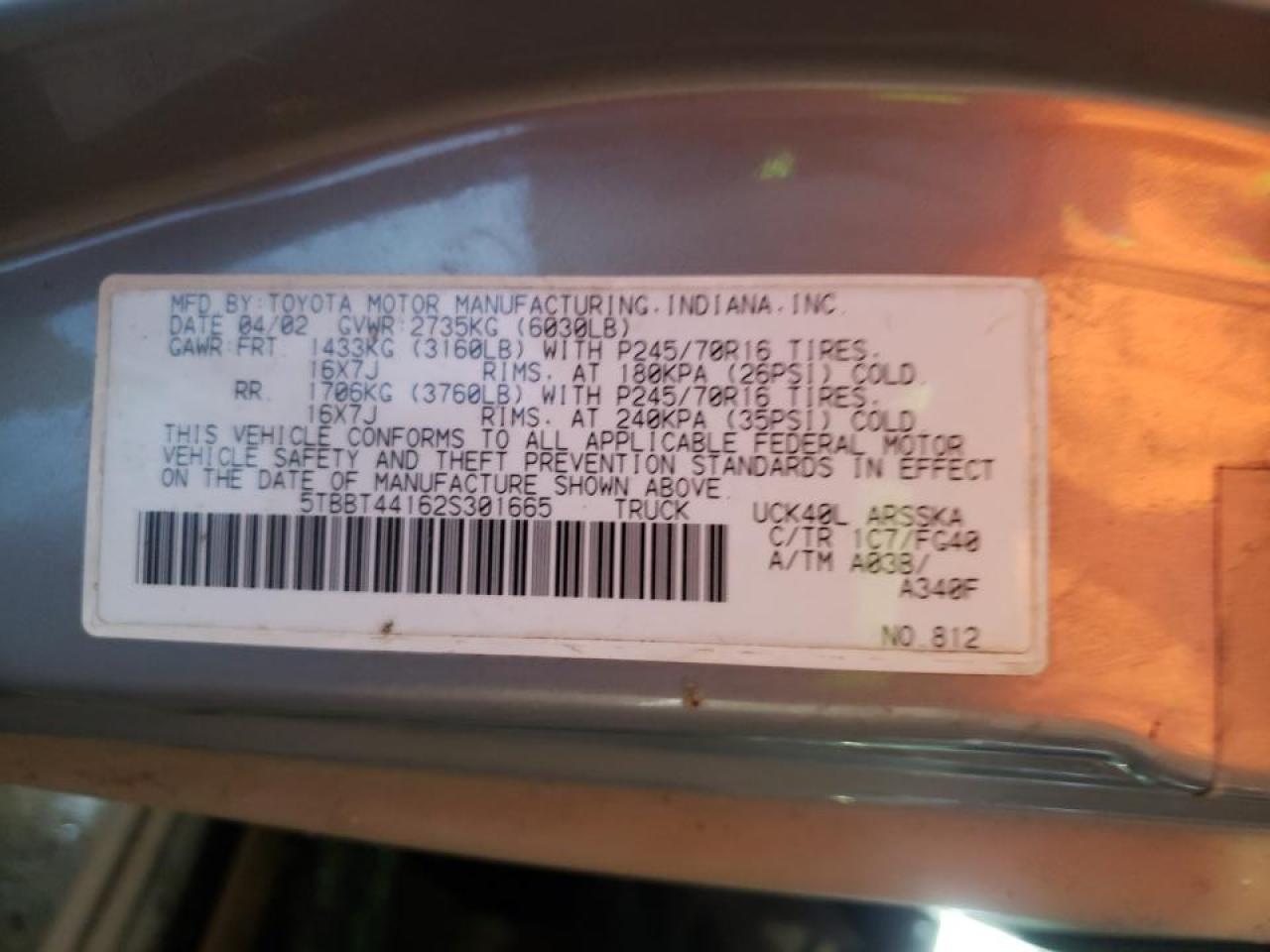 Photo 10 from auction – 2002 TOYOTA TUNDRA ACC with VIN 5TBBT44162S301665