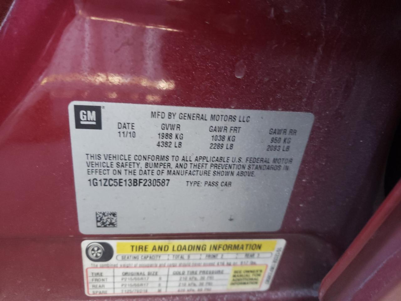 Photo 10 from auction – 2011 CHEVROLET MALIBU 1LT with VIN 1G1ZC5E13BF230587