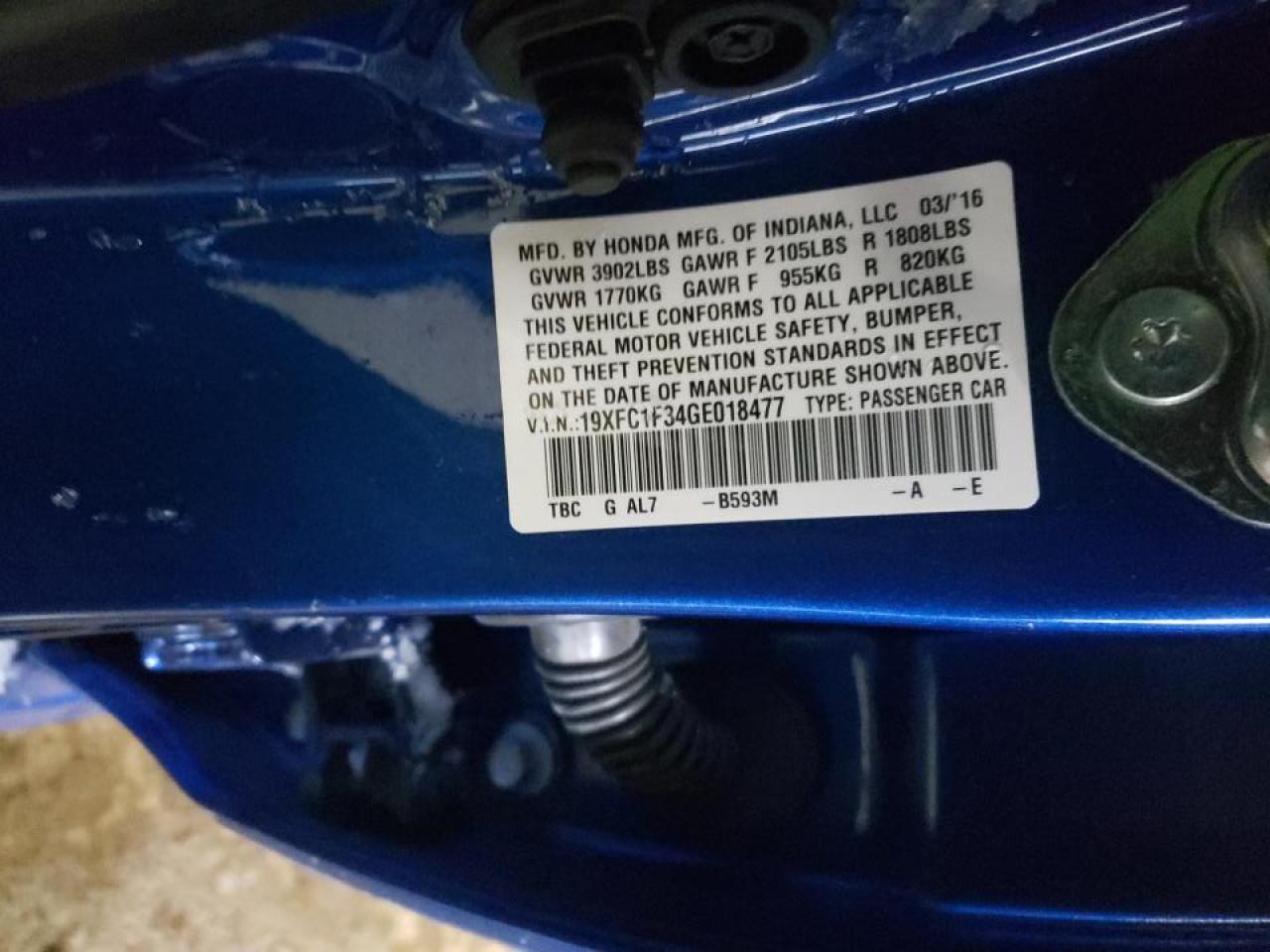Photo 10 from auction – 2016 HONDA CIVIC EX with VIN 19XFC1F34GE018477
