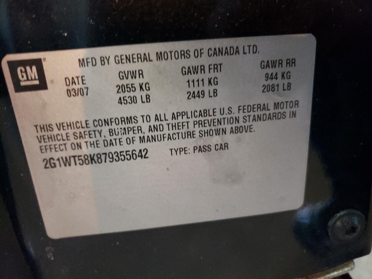 Foto 10 de la subasta – 2007 CHEVROLET IMPALA LT con VIN 2G1WT58K879355642