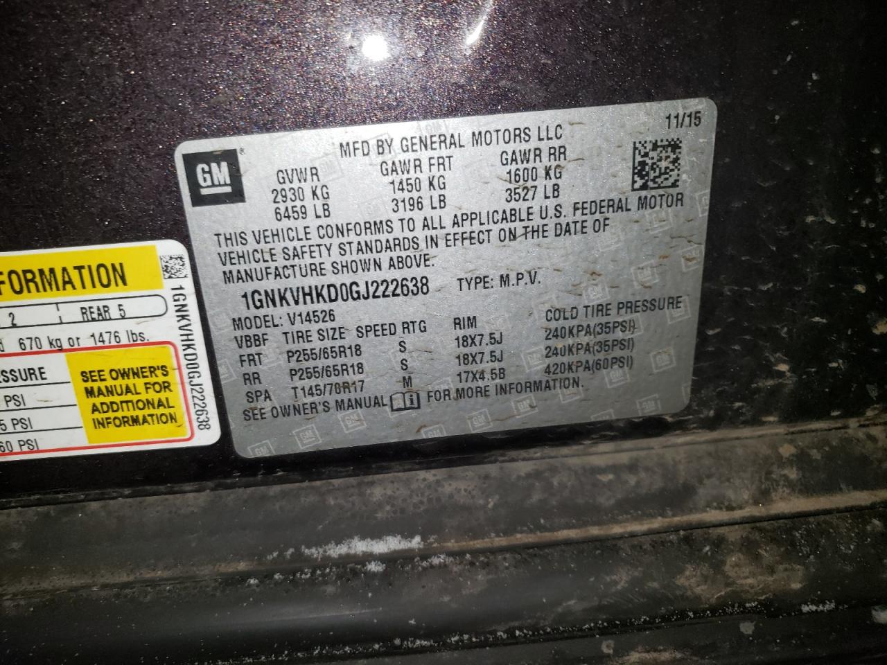 Photo 10 from auction – 2016 CHEVROLET TRAVERSE L with VIN 1GNKVHKD0GJ222638