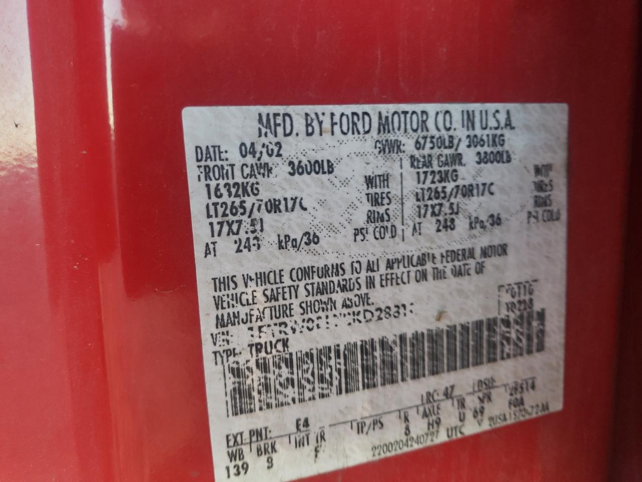 Photo 10 from auction – 2002 FORD F150 SUPER with VIN 1FTRW08L72KD28818