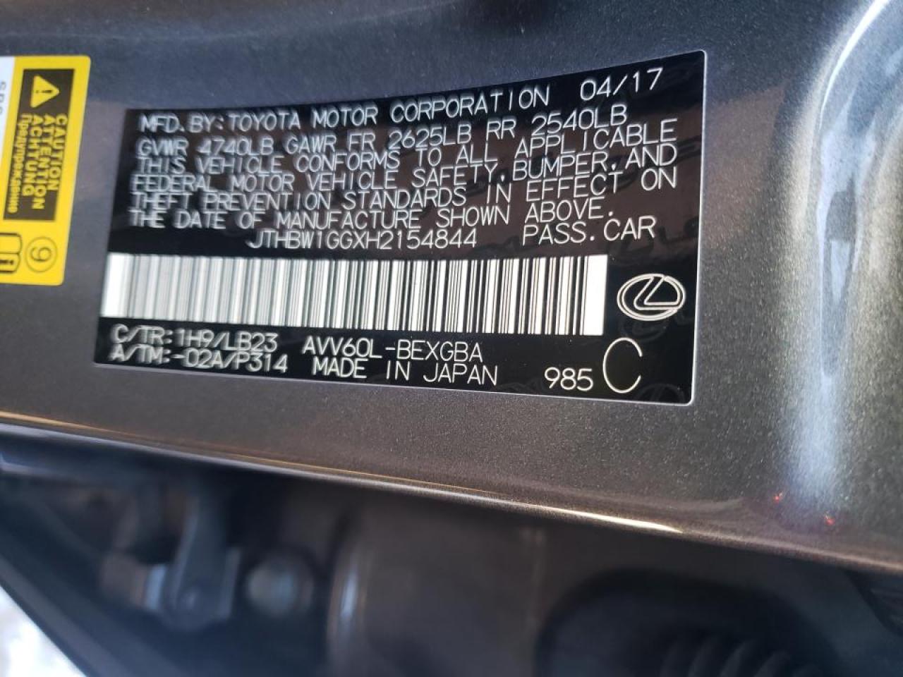 Photo 10 from auction – 2017 LEXUS ES 300H with VIN JTHBW1GGXH2154844