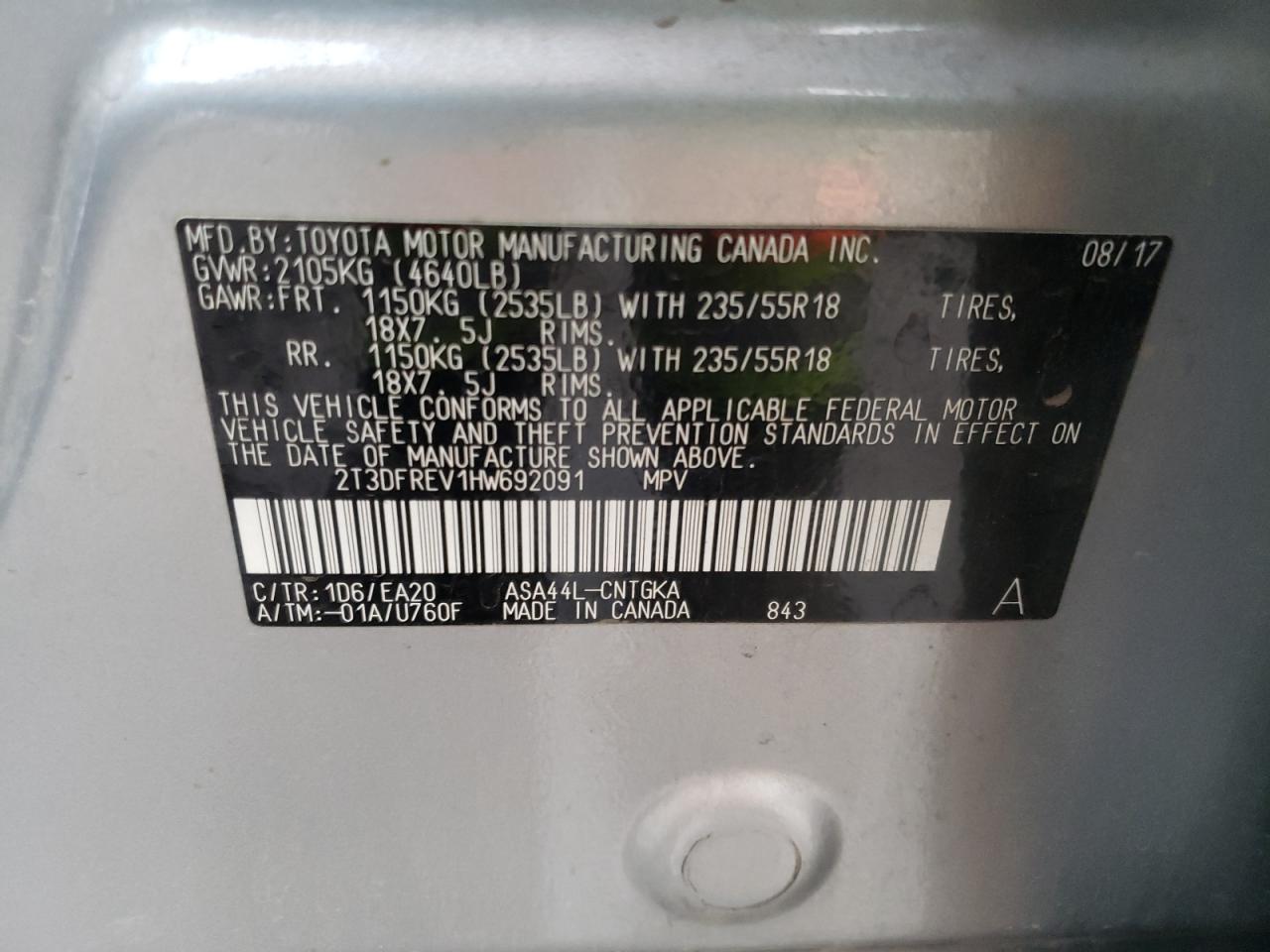 Photo 10 from auction – 2017 TOYOTA RAV4 LIMIT with VIN 2T3DFREV1HW692091