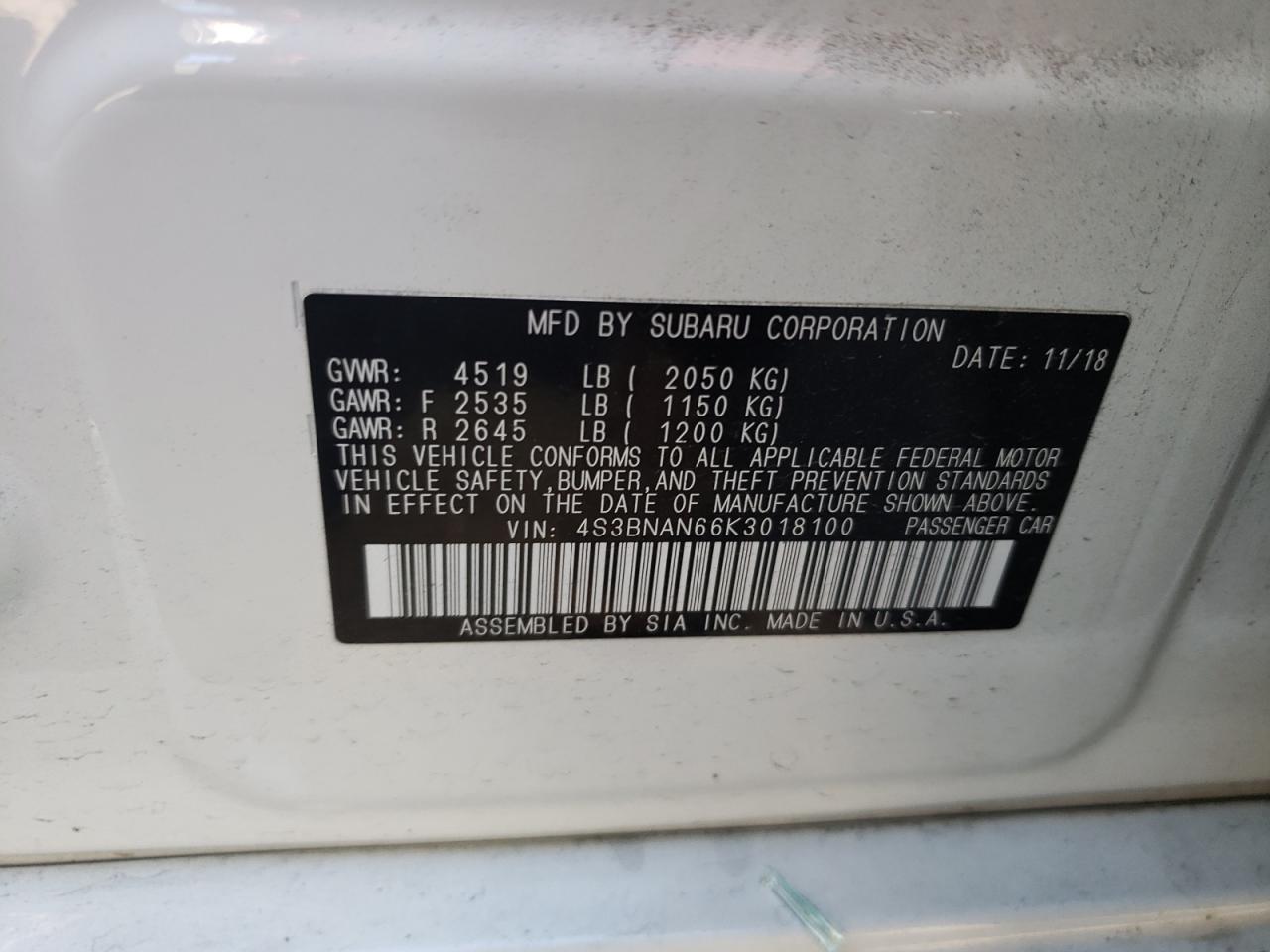 Photo 10 from auction – 2019 SUBARU LEGACY 2.5 with VIN 4S3BNAN66K3018100