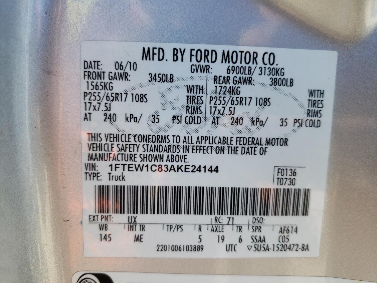 صورة رقم 10 من المزاد - 2010 FORD F150 SUPER مع VIN 1FTEW1C83AKE24144