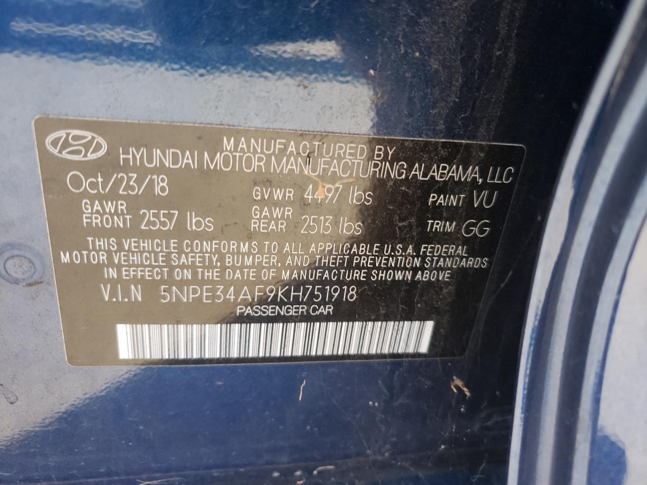 Photo 10 from auction – 2019 HYUNDAI SONATA LIM with VIN 5NPE34AF9KH751918