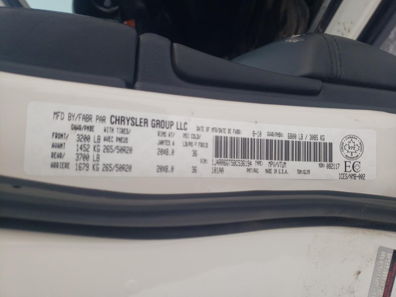 Photo 10 from auction – 2011 JEEP GRAND CHER with VIN 1J4RR6GT5BC536194