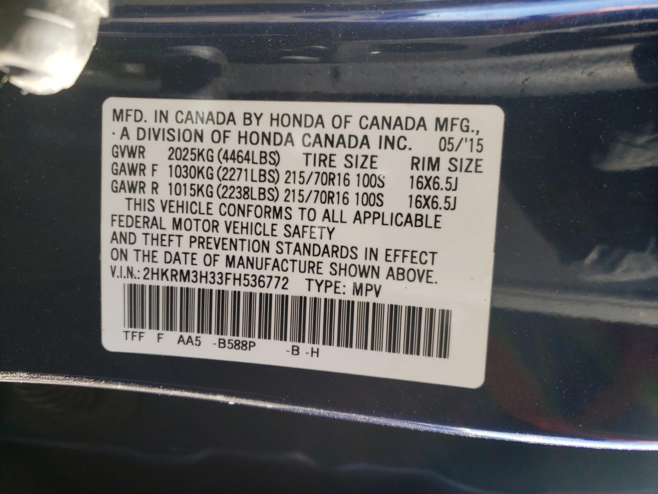 Photo 10 from auction – 2015 HONDA CR-V LX with VIN 2HKRM3H33FH536772