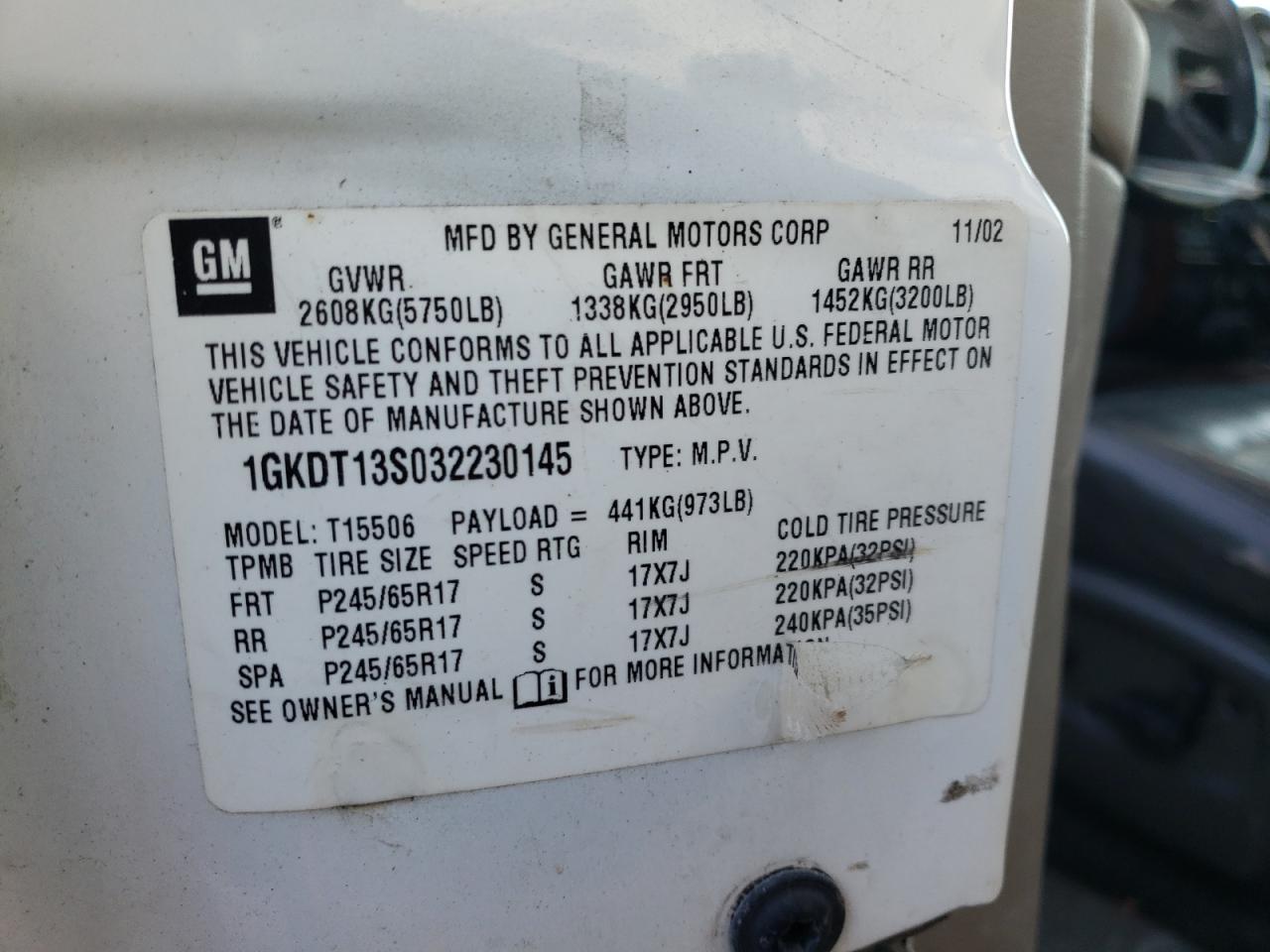Photo 10 from auction – 2003 GMC ENVOY with VIN 1GKDT13S032230145
