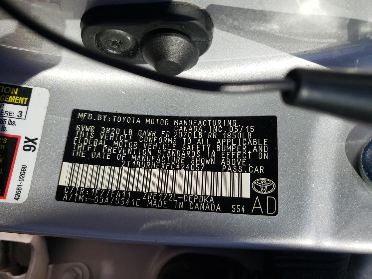 Photo 10 from auction – 2015 TOYOTA COROLLA L with VIN 2T1BURHEXFC424057