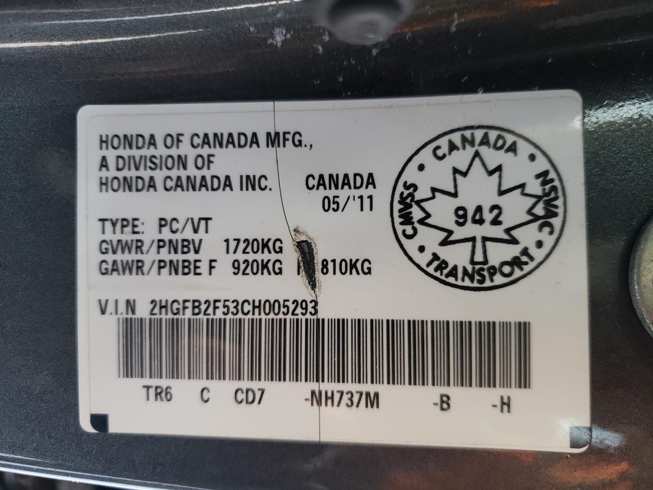 Photo 10 from auction – 2012 HONDA CIVIC LX with VIN 2HGFB2F53CH005293