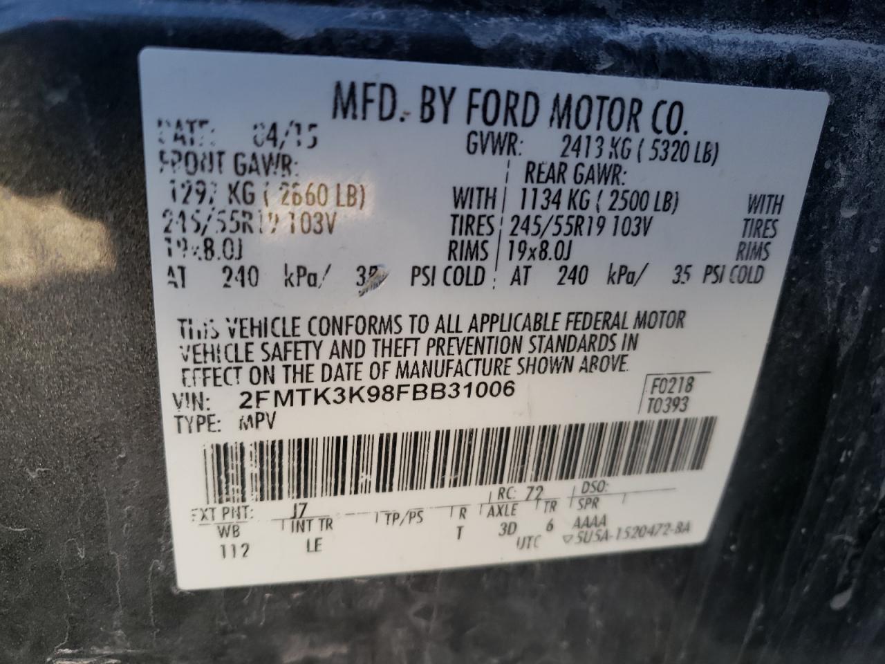Photo 10 from auction – 2015 FORD EDGE TITAN with VIN 2FMTK3K98FBB31006