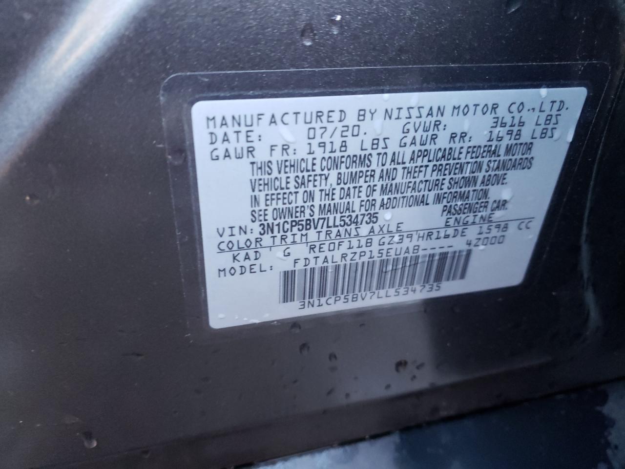 Photo 10 from auction – 2020 NISSAN KICKS S with VIN 3N1CP5BV7LL534735