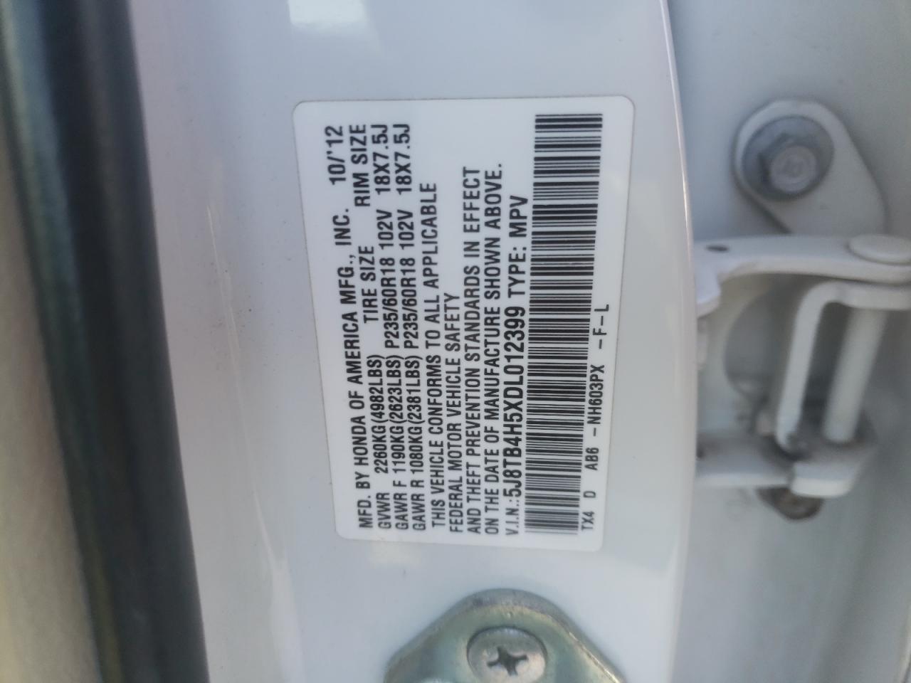 Photo 10 from auction – 2013 ACURA RDX TECHNO with VIN 5J8TB4H5XDL012399