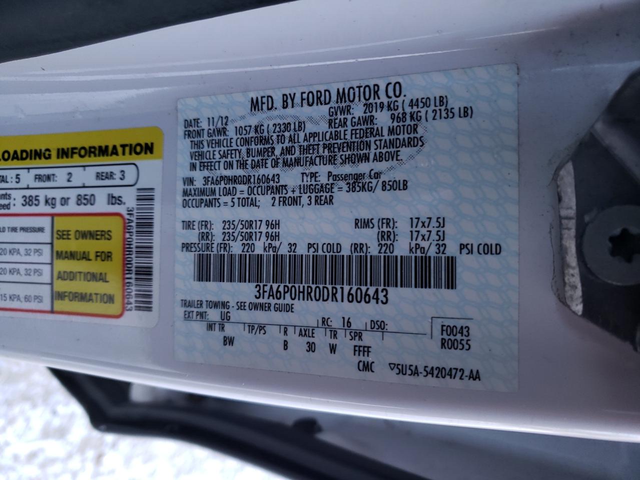 Photo 10 from auction – 2013 FORD FUSION SE with VIN 3FA6P0HR0DR160643
