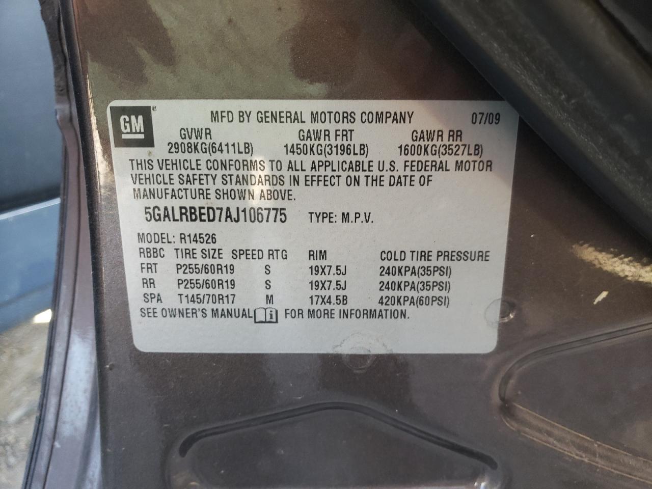 Photo 10 from auction – 2010 BUICK ENCLAVE CX with VIN 5GALRBED7AJ106775