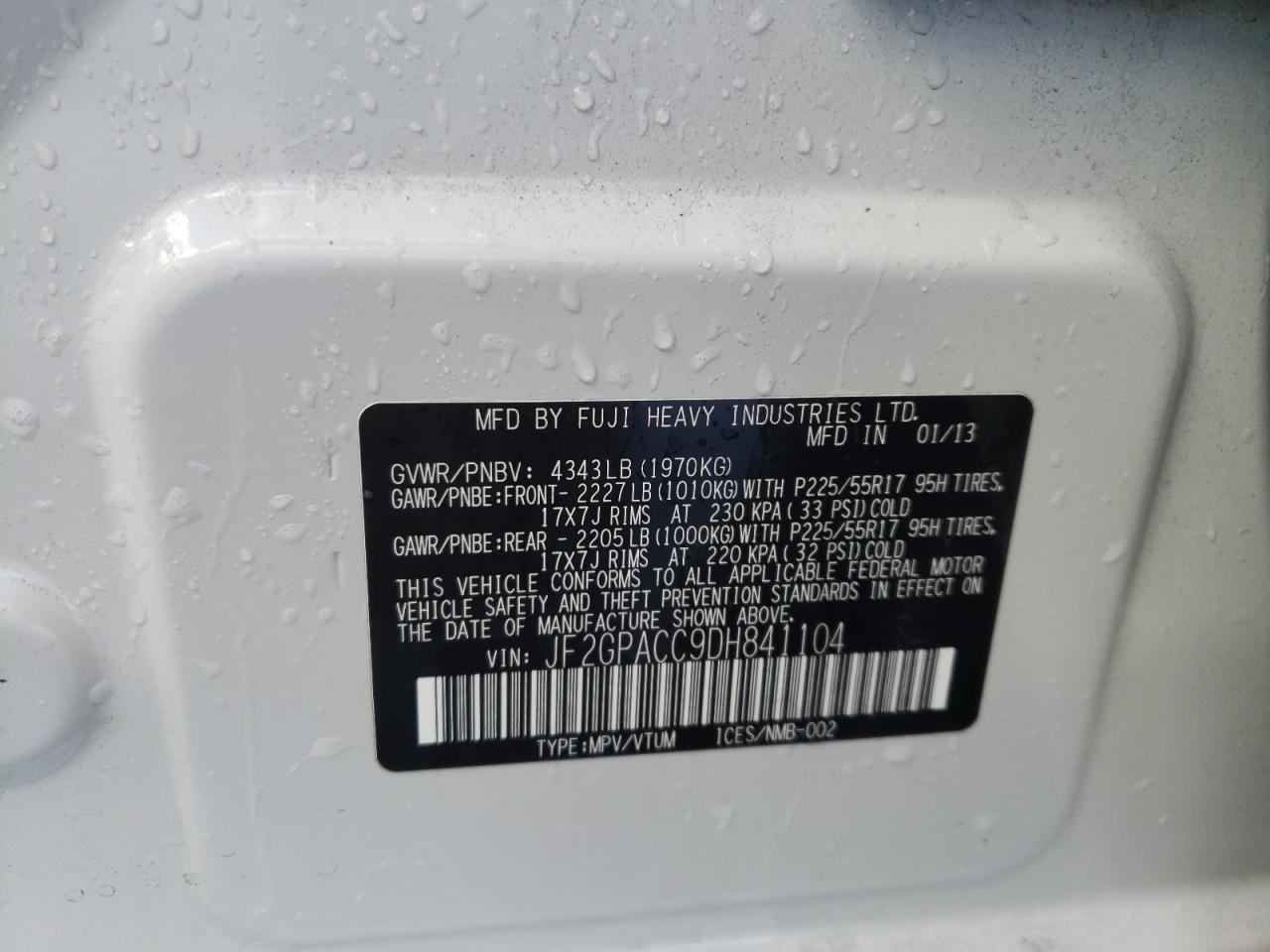 Photo 10 from auction – 2013 SUBARU XV CROSSTR with VIN JF2GPACC9DH841104