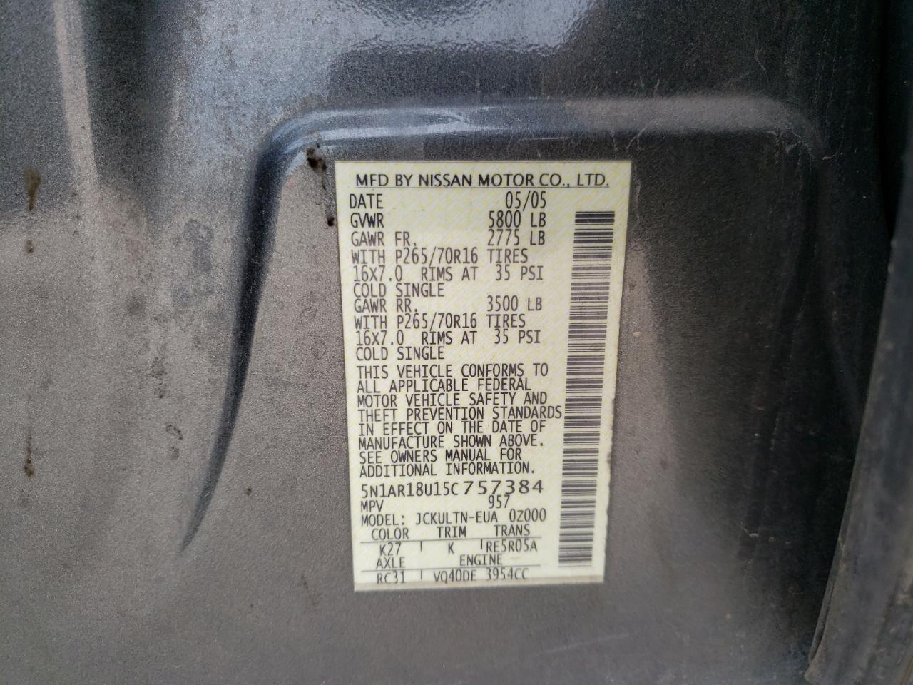 Photo 10 from auction – 2005 NISSAN PATHFINDER with VIN 5N1AR18U15C757384