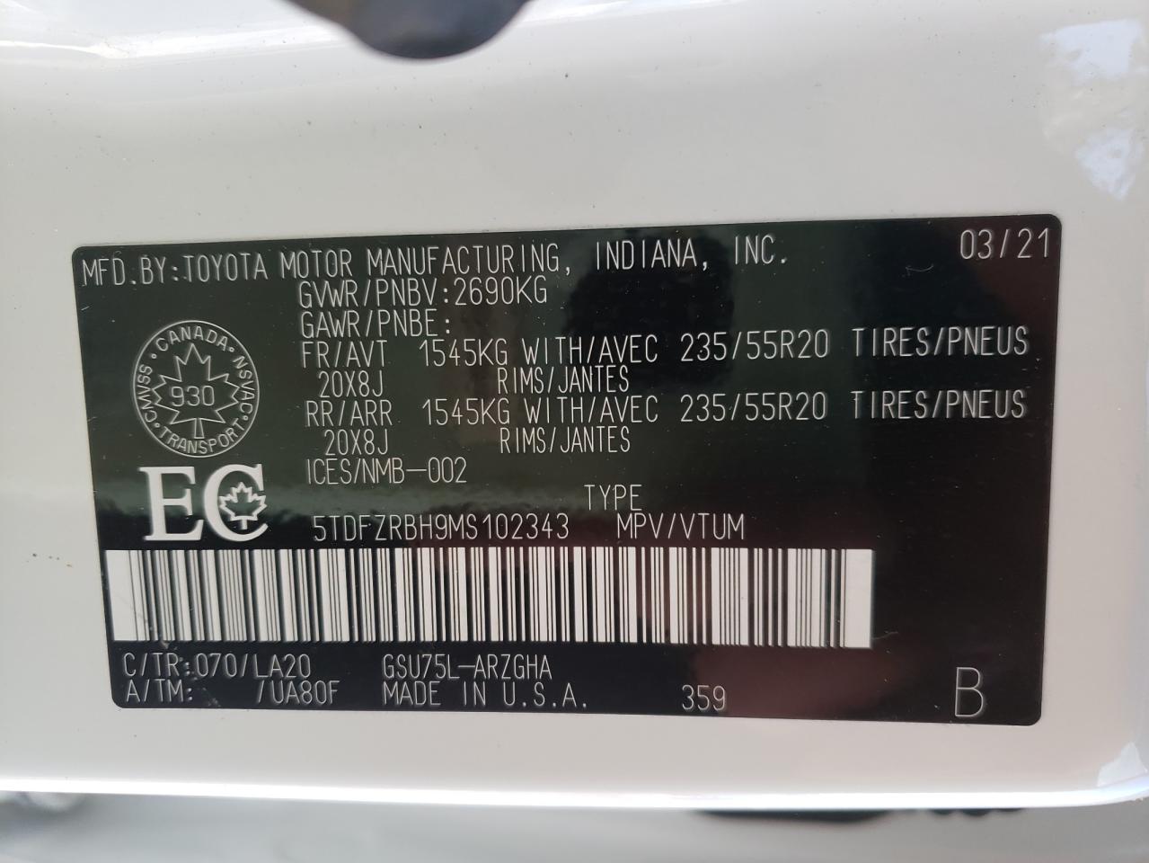 Photo 10 from auction – 2021 TOYOTA HIGHLANDER with VIN 5TDFZRBH9MS102343
