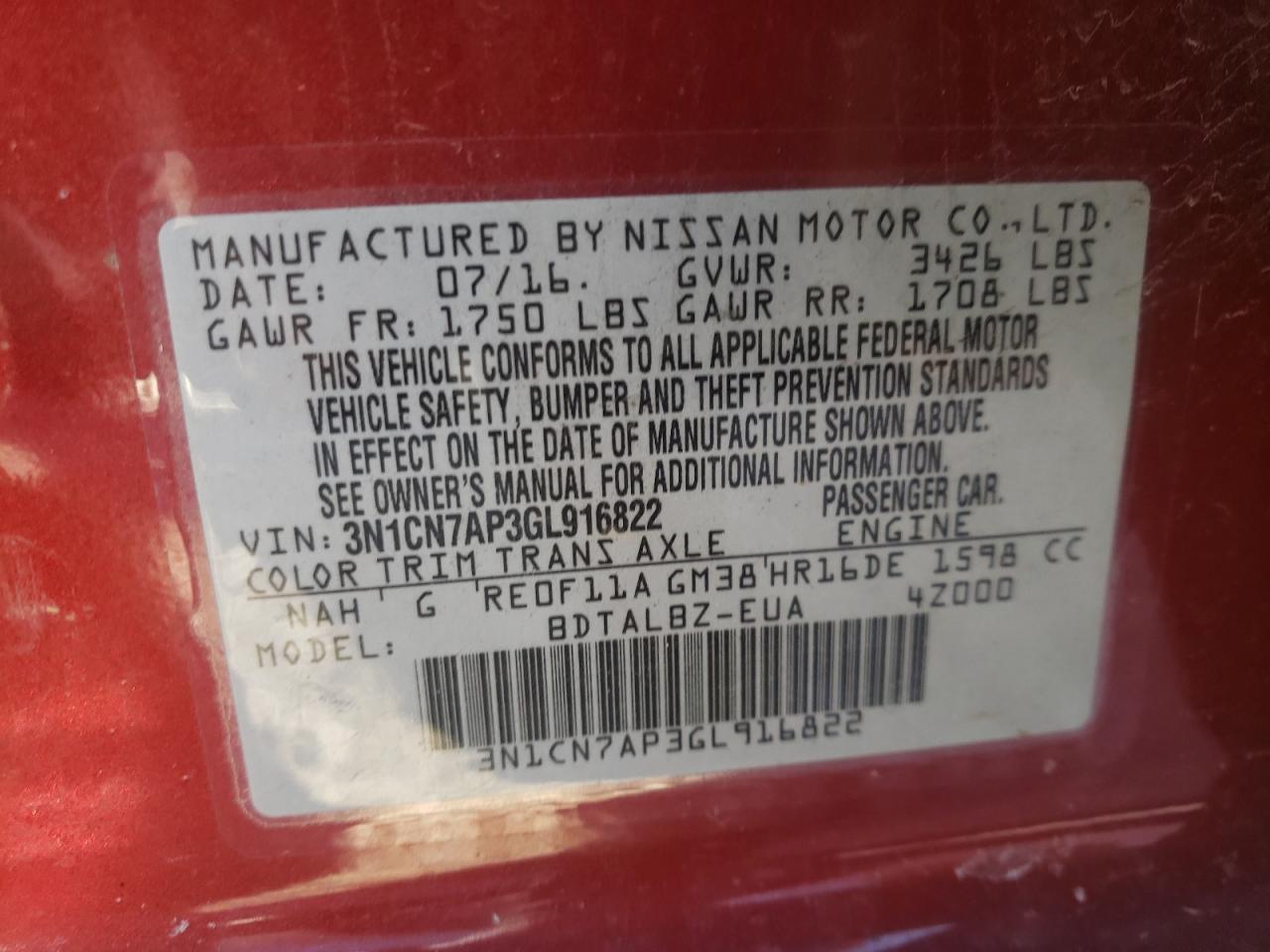 Photo 10 from auction – 2016 NISSAN VERSA S with VIN 3N1CN7AP3GL916822