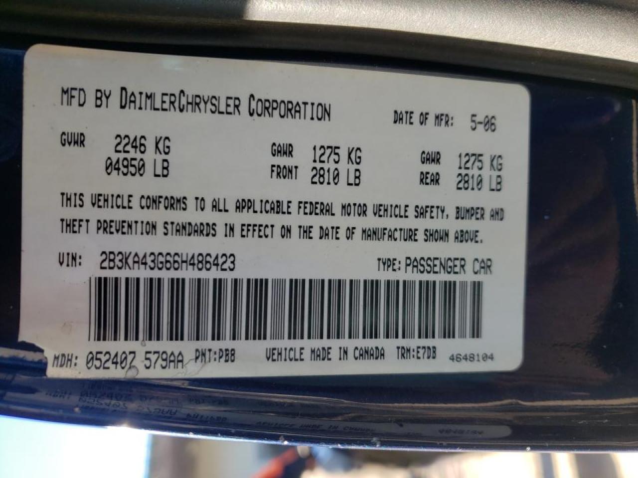 Photo 10 from auction – 2006 DODGE CHARGER SE with VIN 2B3KA43G66H486423