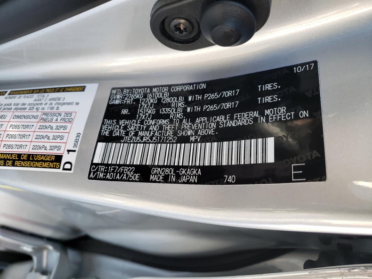 Photo 10 from auction – 2018 TOYOTA 4RUNNER SR with VIN JTEZU5JR5J5171252