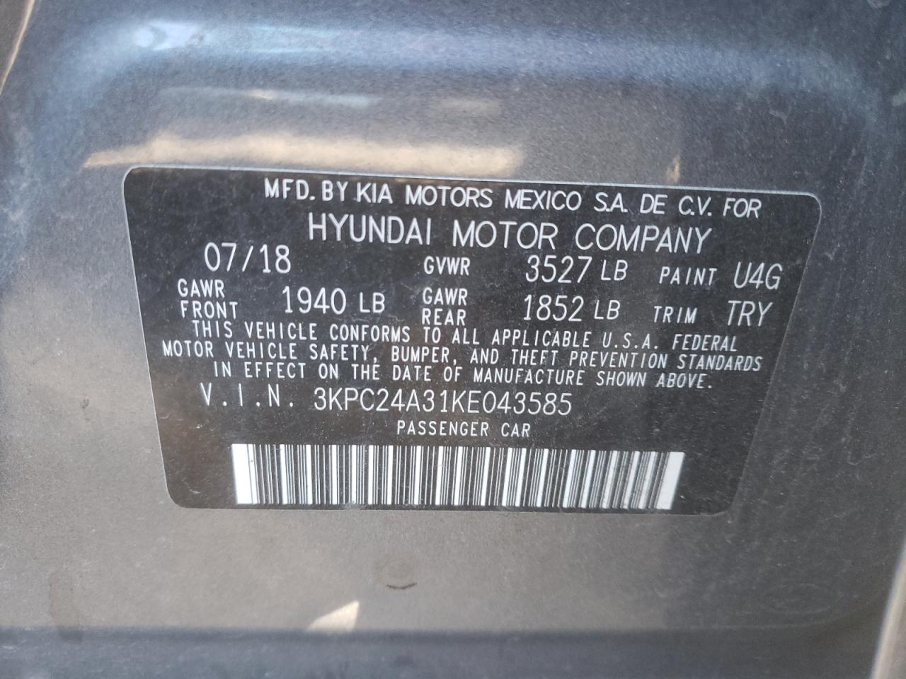 Photo 10 from auction – 2019 HYUNDAI ACCENT SE with VIN 3KPC24A31KE043585