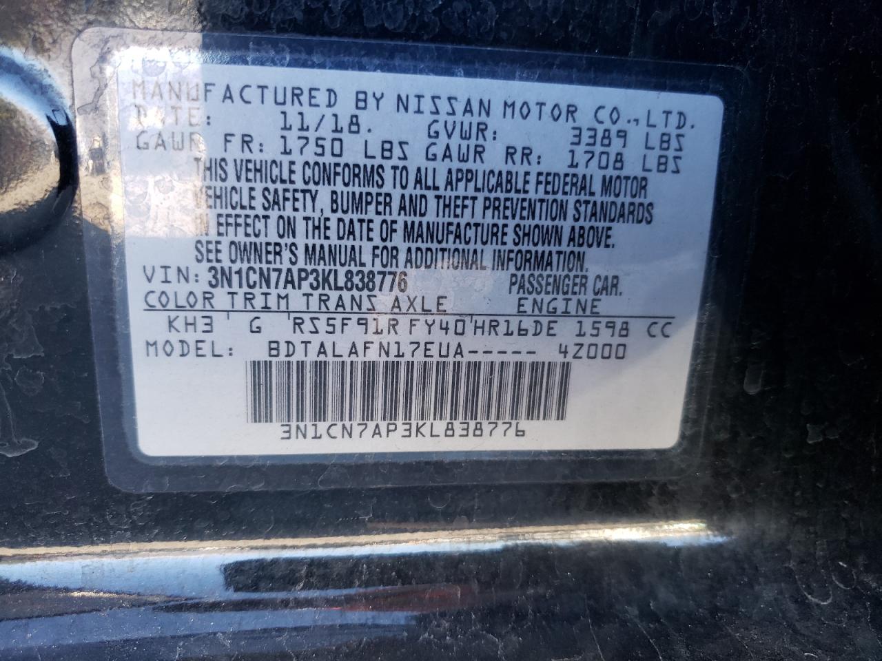 Photo 10 from auction – 2019 NISSAN VERSA S with VIN 3N1CN7AP3KL838776