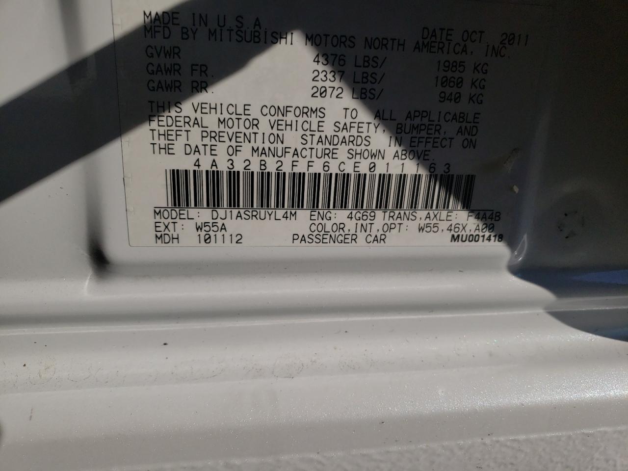 Photo 10 from auction – 2012 MITSUBISHI GALANT with VIN 4A32B2FF6CE011163