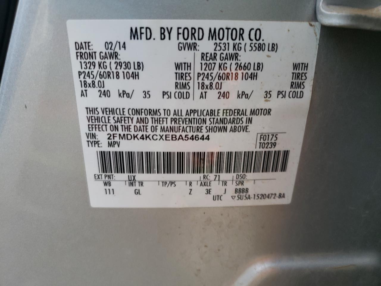 Photo 10 from auction – 2014 FORD EDGE LIMIT with VIN 2FMDK4KCXEBA54644