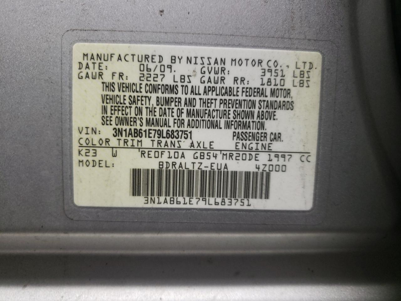 Photo 10 from auction – 2009 NISSAN SENTRA 2.0 with VIN 3N1AB61E79L683751