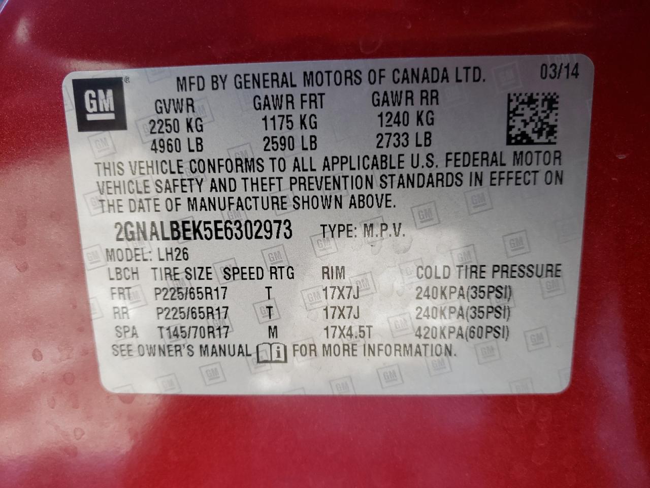Photo 10 from auction – 2014 CHEVROLET EQUINOX LT with VIN 2GNALBEK5E6302973
