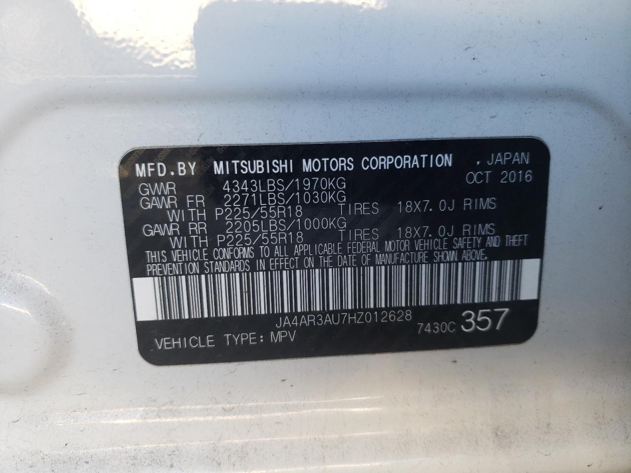Photo 10 from auction – 2017 MITSUBISHI OUTLANDER with VIN JA4AR3AU7HZ012628