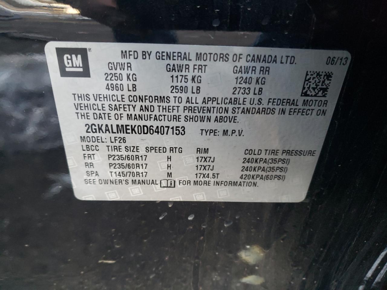 Photo 10 from auction – 2013 GMC TERRAIN SL with VIN 2GKALMEK0D6407153