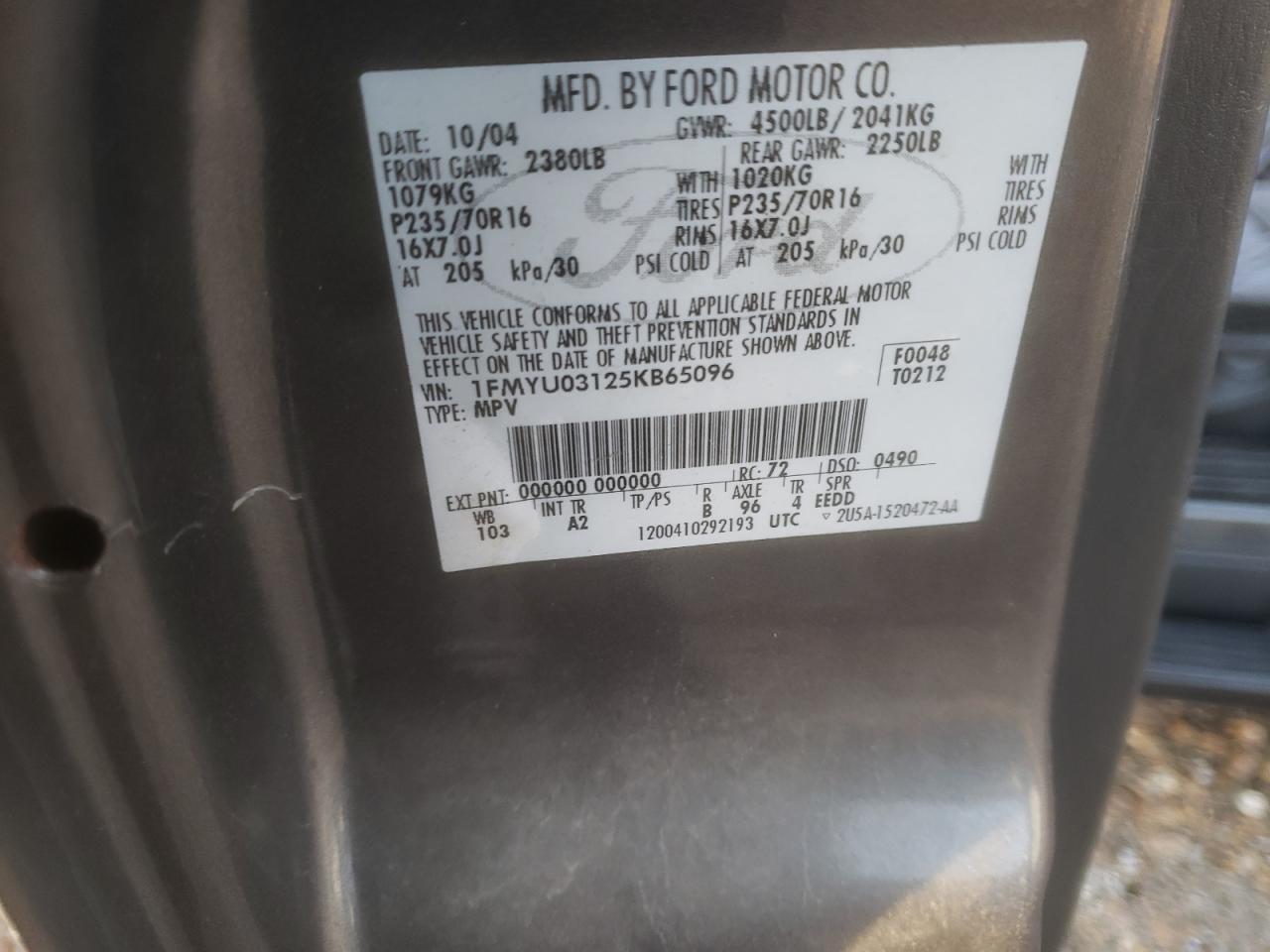 Photo 10 from auction – 2005 FORD ESCAPE XLT with VIN 1FMYU03125KB65096