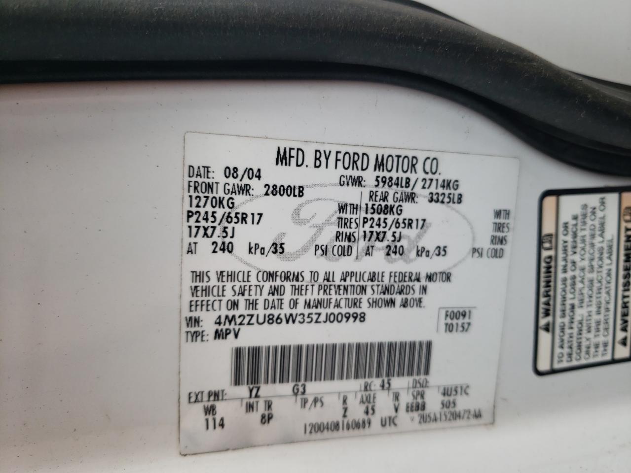 Photo 10 from auction – 2005 MERCURY MOUNTAINEE with VIN 4M2ZU86W35ZJ00998