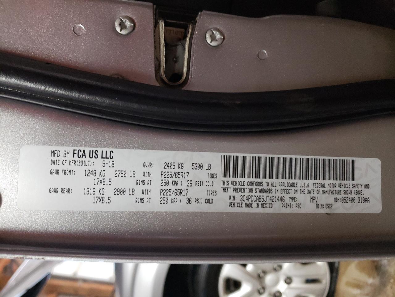 Photo 10 from auction – 2018 DODGE JOURNEY SE with VIN 3C4PDCAB5JT421446
