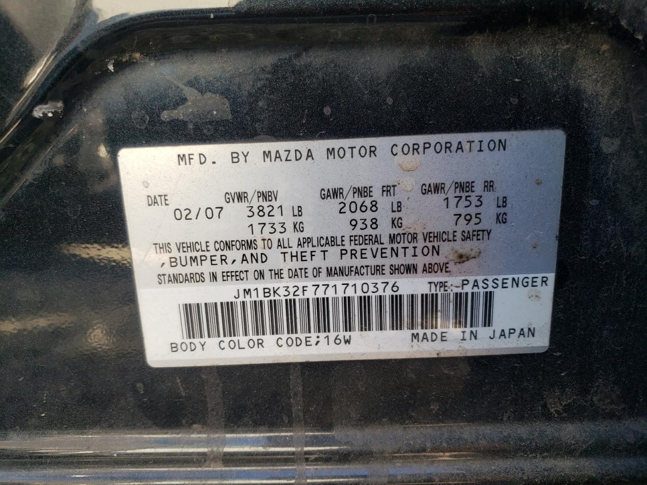 Photo 10 from auction – 2007 MAZDA 3 I with VIN JM1BK32F771710376