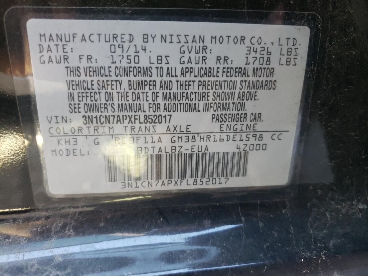 Photo 10 from auction – 2015 NISSAN VERSA S with VIN 3N1CN7APXFL852017