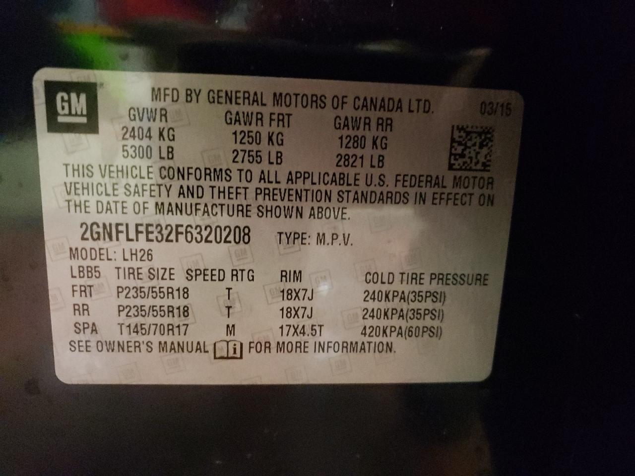 Photo 10 from auction – 2015 CHEVROLET EQUINOX LT with VIN 2GNFLFE32F6320208