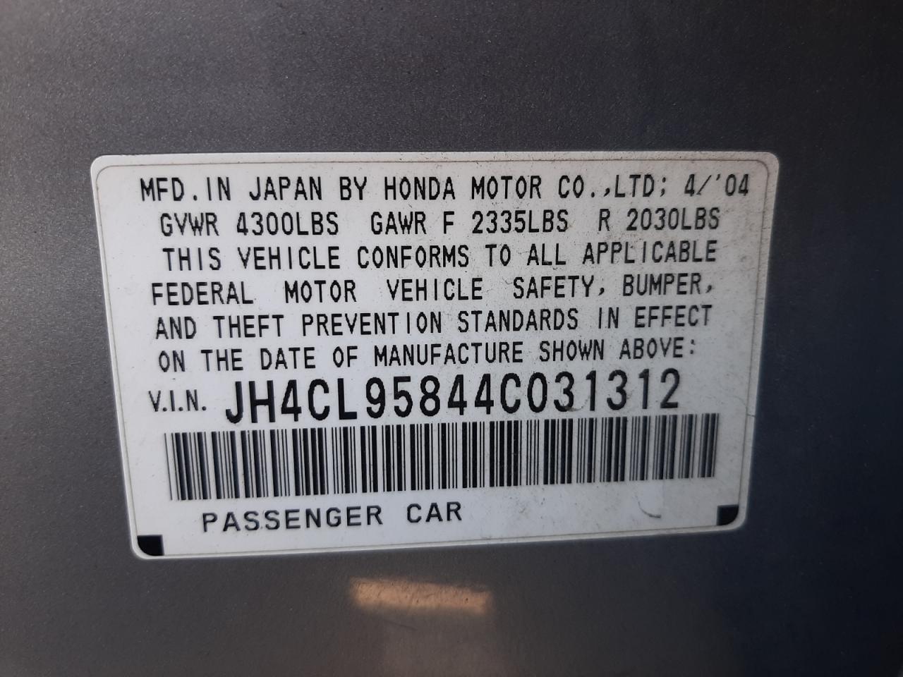 Photo 10 from auction – 2004 ACURA TSX with VIN JH4CL95844C031312