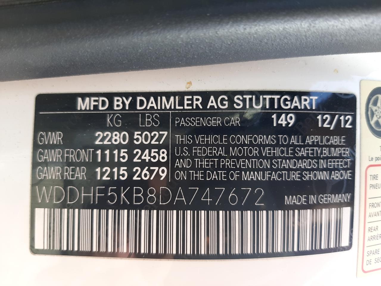 Photo 10 from auction – 2013 MERCEDES-BENZ E 350 with VIN WDDHF5KB8DA747672