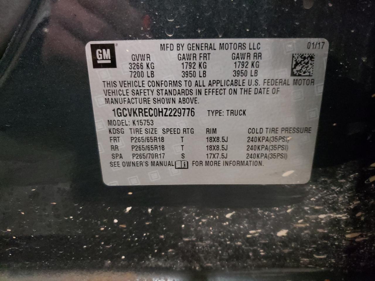 Photo 10 from auction – 2017 CHEVROLET SILVERADO with VIN 1GCVKREC0HZ229776