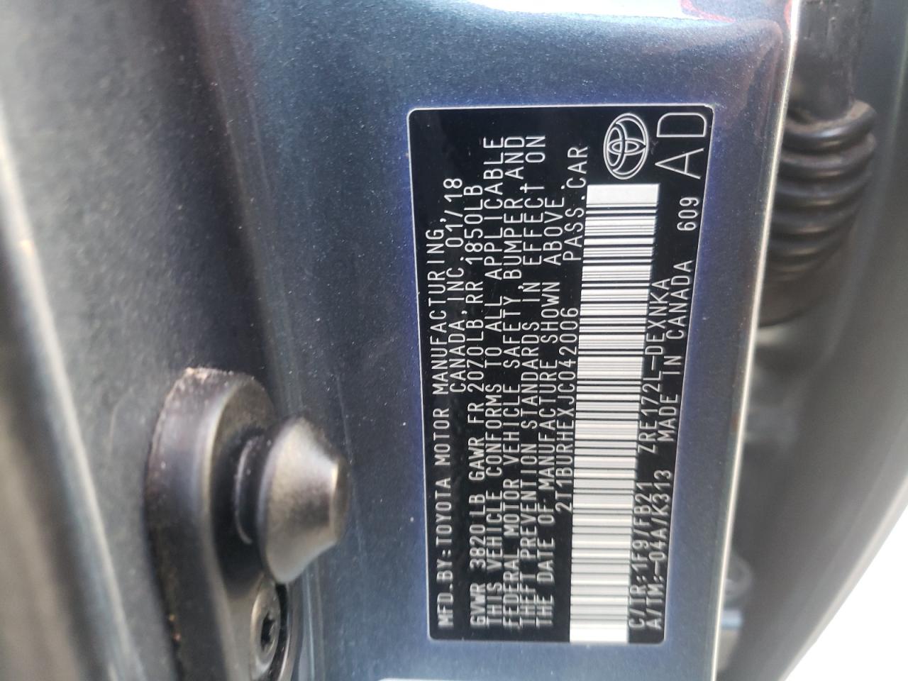 Photo 10 from auction – 2018 TOYOTA COROLLA L with VIN 2T1BURHEXJC042006