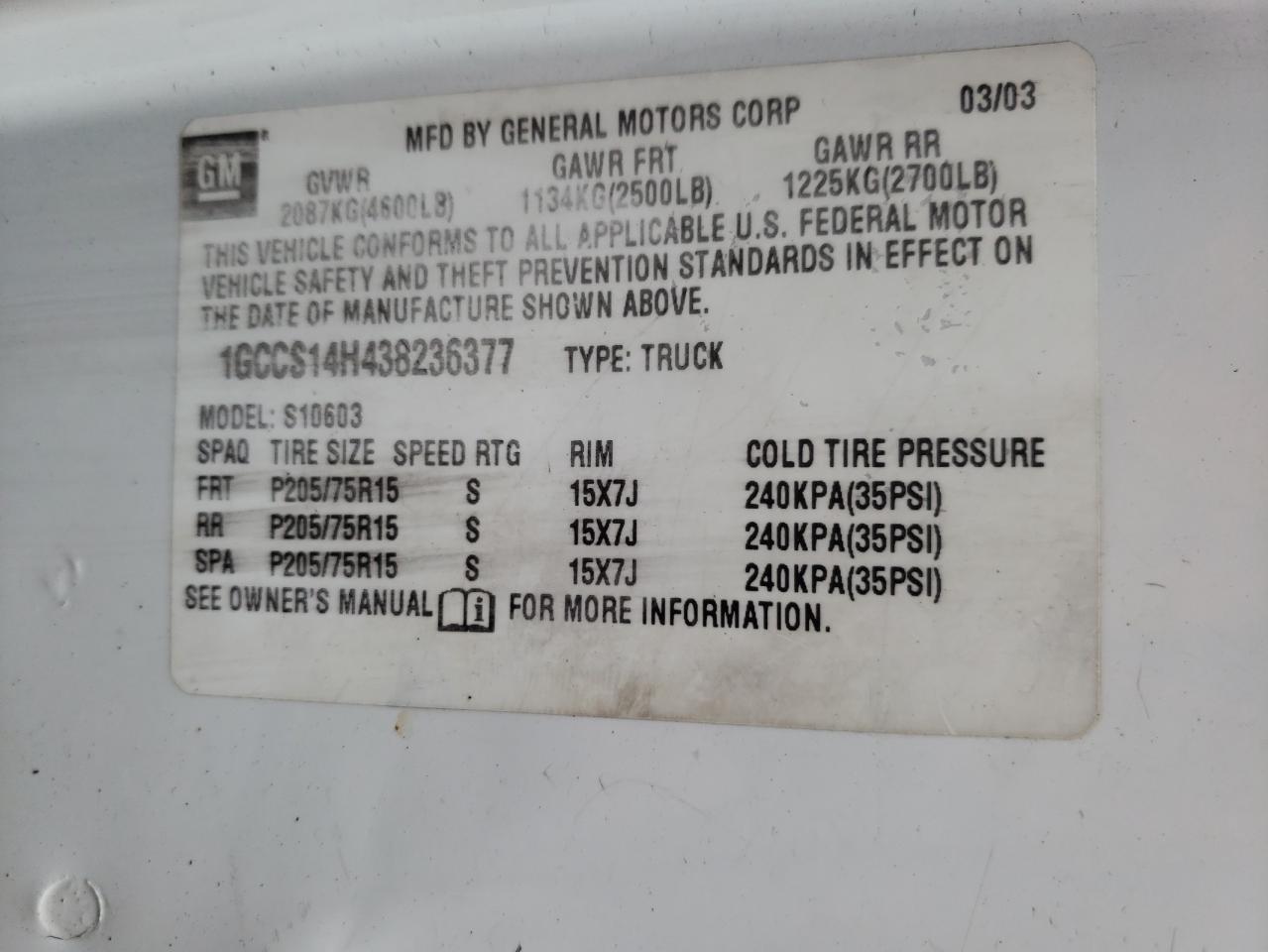 Photo 10 from auction – 2003 CHEVROLET S10 with VIN 1GCCS14H438236377