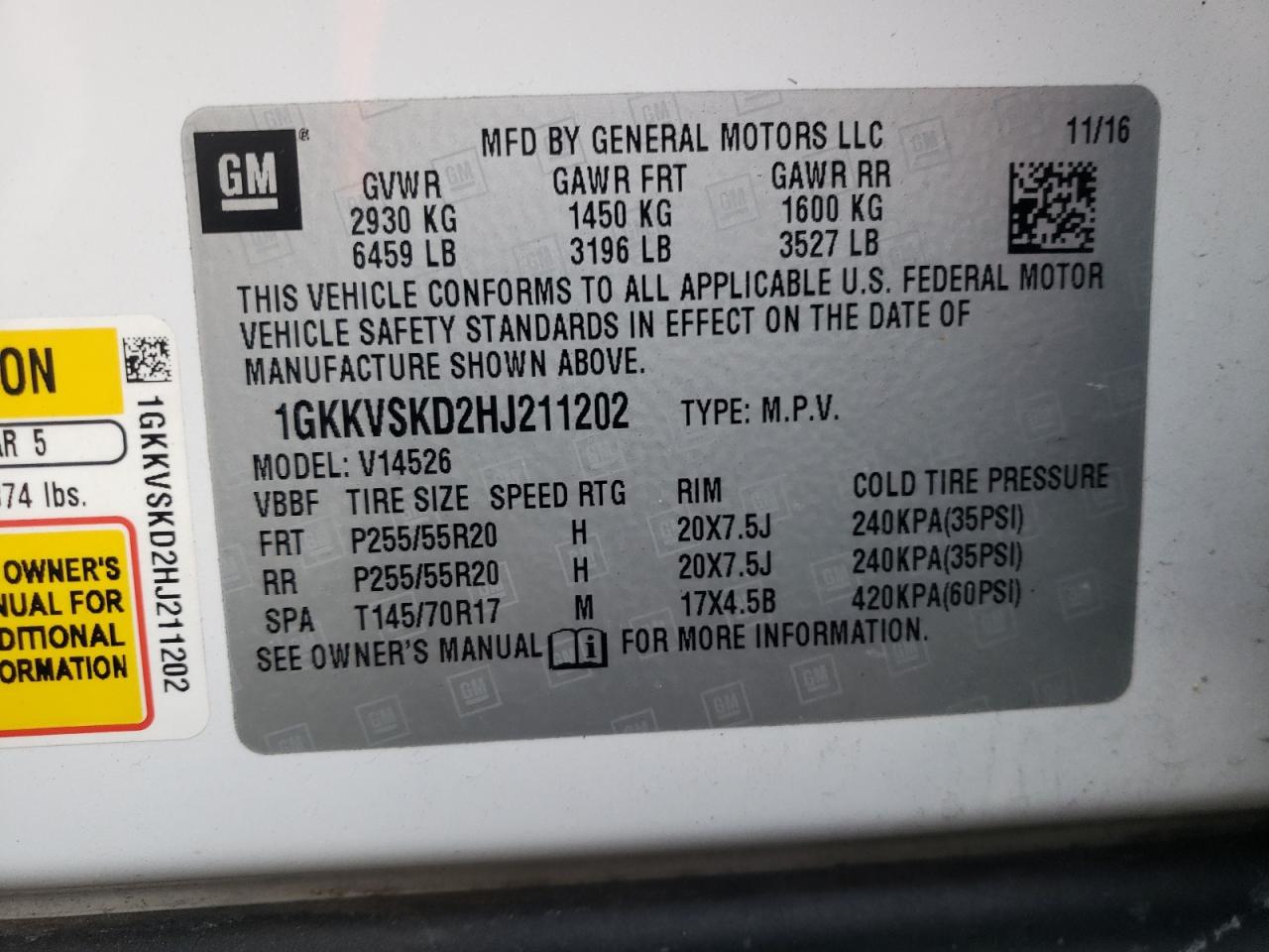Photo 10 from auction – 2017 GMC ACADIA LIM with VIN 1GKKVSKD2HJ211202
