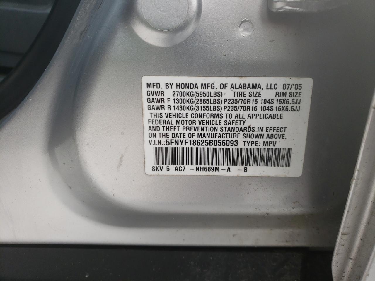Photo 10 from auction – 2005 HONDA PILOT EXL with VIN 5FNYF18625B056093