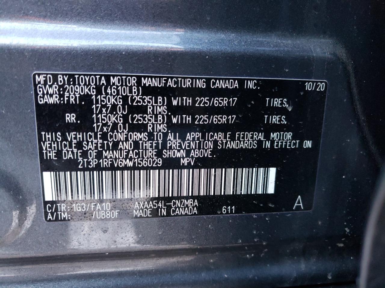 Photo 10 from auction – 2021 TOYOTA RAV4 XLE with VIN 2T3P1RFV6MW156029